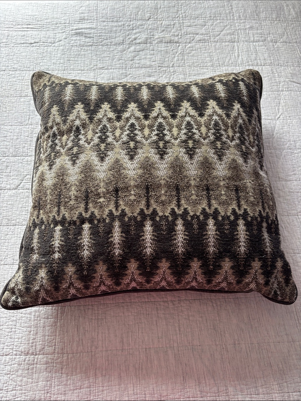 Decorative Ikat-Pattern Throw Pillow - Neutral Dark Gray, Tans, and Cream Colors